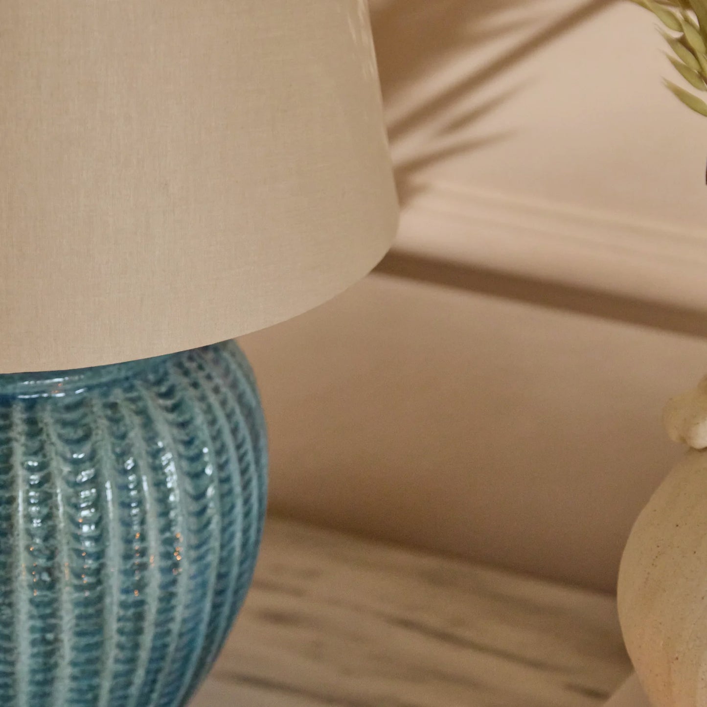 Elmer 27cm Teal Blue Ceramic Lamp Base & Coningsby Taupe Cotton Lampshade - 35cm - Laura James 