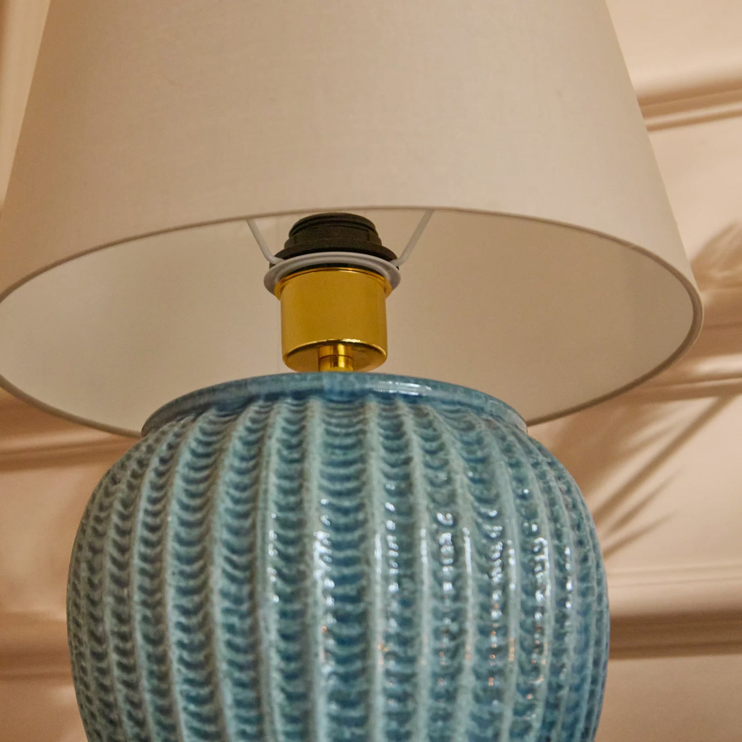 Elmer 27cm Teal Blue Ceramic Lamp Base & Coningsby Taupe Cotton Lampshade - 35cm - Laura James 