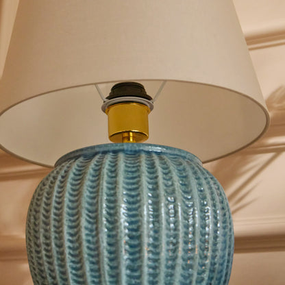 Elmer 27cm Teal Blue Ceramic Lamp Base & Coningsby Taupe Cotton Lampshade - 35cm - Laura James 