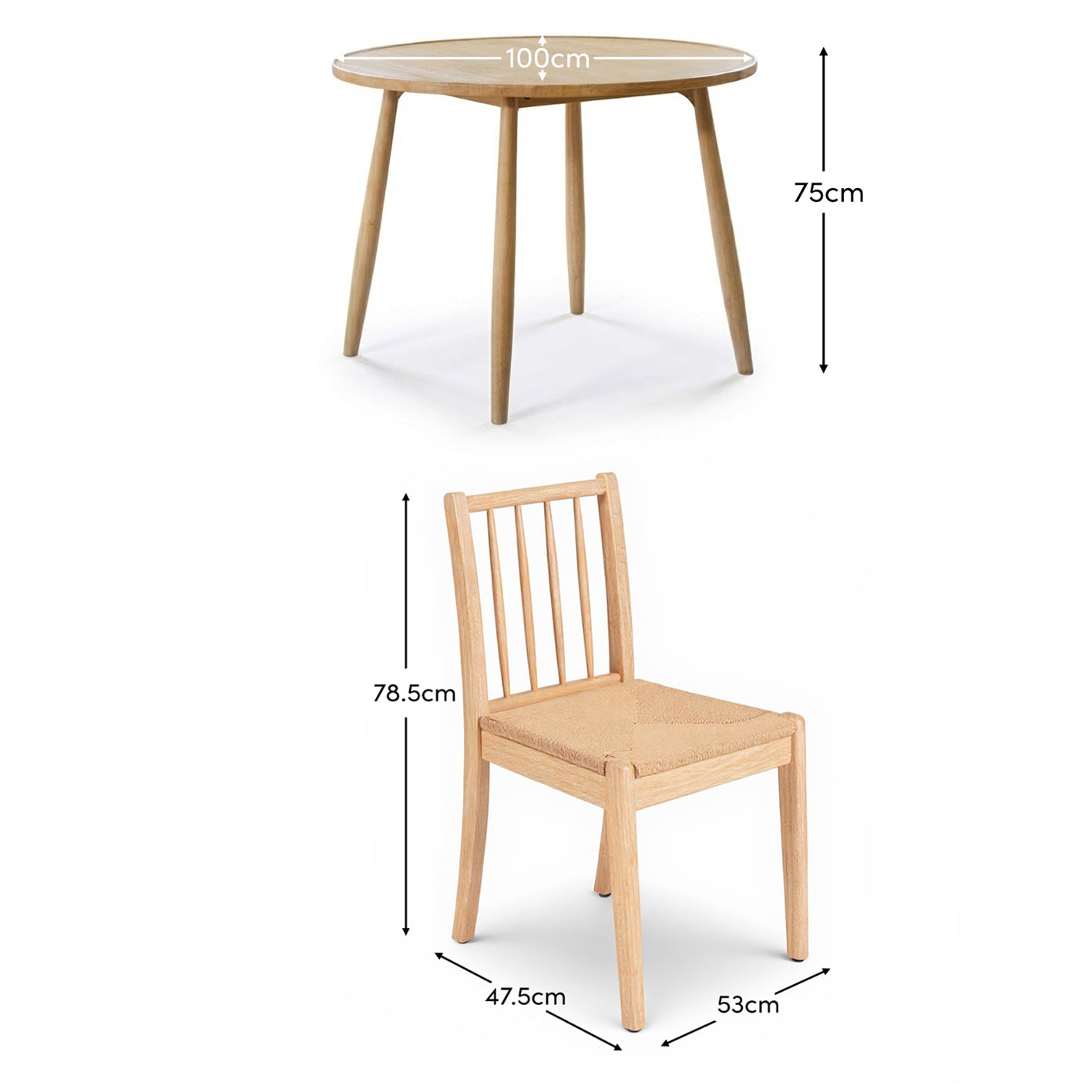 Tilly 100cm Round Dining Table - 4 Seater - Tilly Dining Chairs - Whitewash Oak & Natural String - Laura James