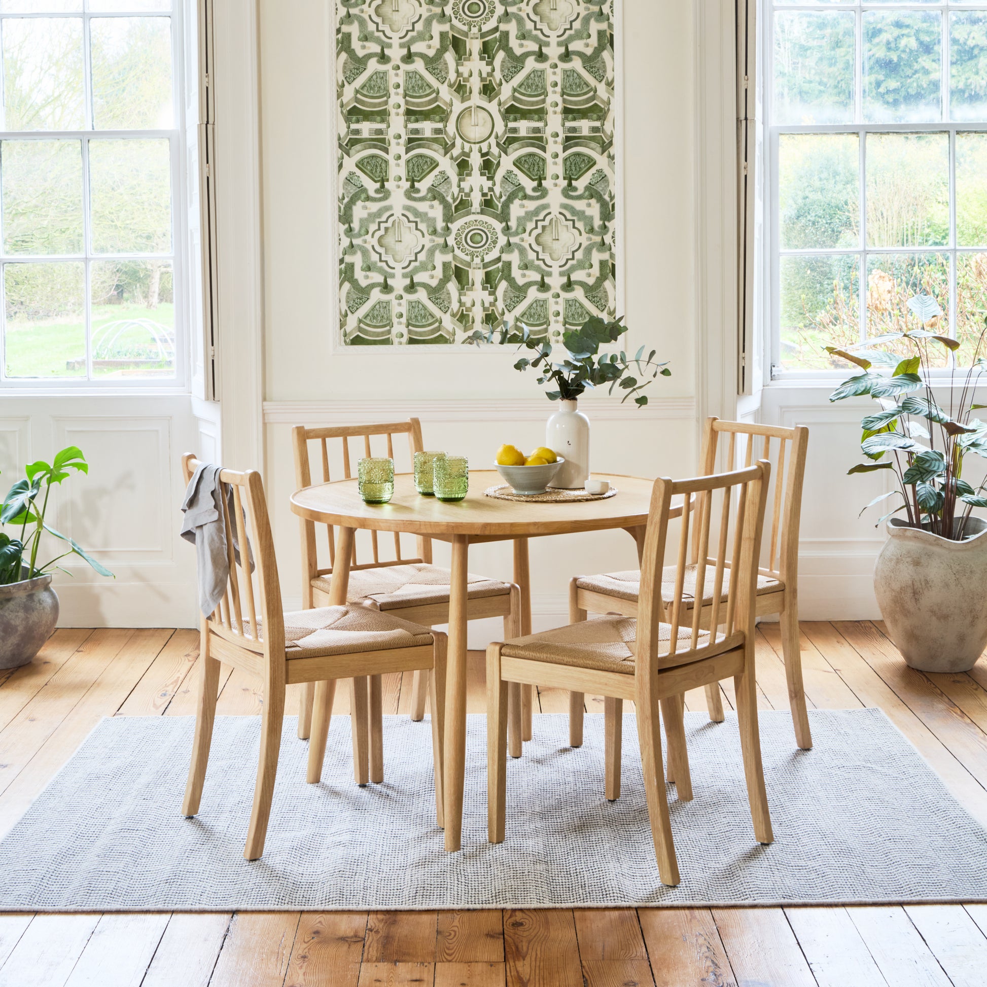 Tilly 100cm Round Dining Table - 4 Seater - Tilly Dining Chairs - Whitewash Oak & Natural String - Laura James