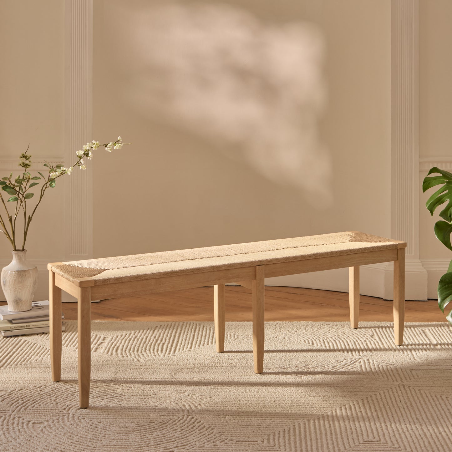 Tilly 150cm Wooden Woven Bench - Whitewash Oak - Laura James