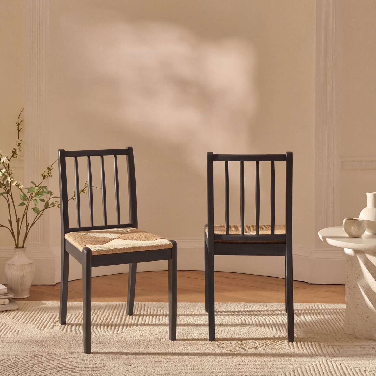 Tilly Natural String Dining Chair - Set of 2 - Black Oak Legs - Laura James