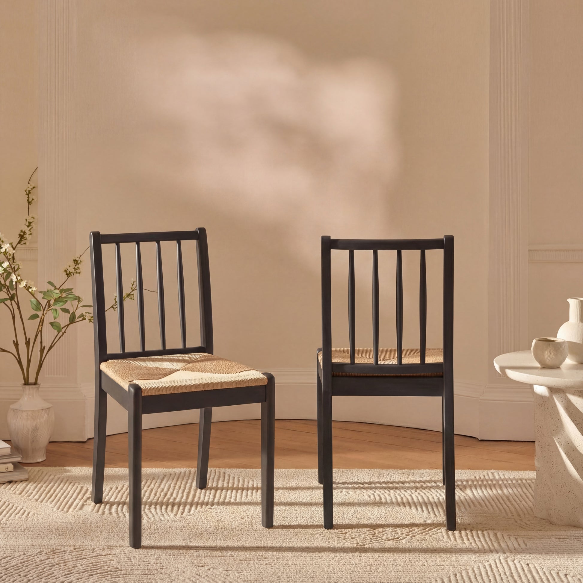 Tilly Natural String Dining Chair - Set of 2 - Black Oak Legs - Laura James
