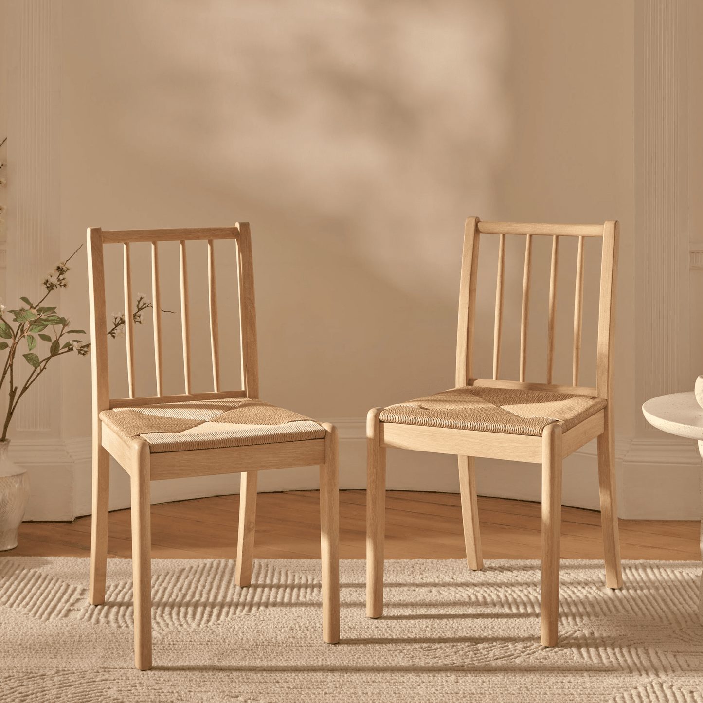Paul 160-220cm Whitewash Oak Extending Dining Table Set - 6 Seater - Tilly Woven Dining Chairs