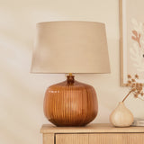 Tongham Saffron Yellow Ceramic Table Lamp & Coningsby Taupe Cotton Lampshade - 40cm - Laura James 