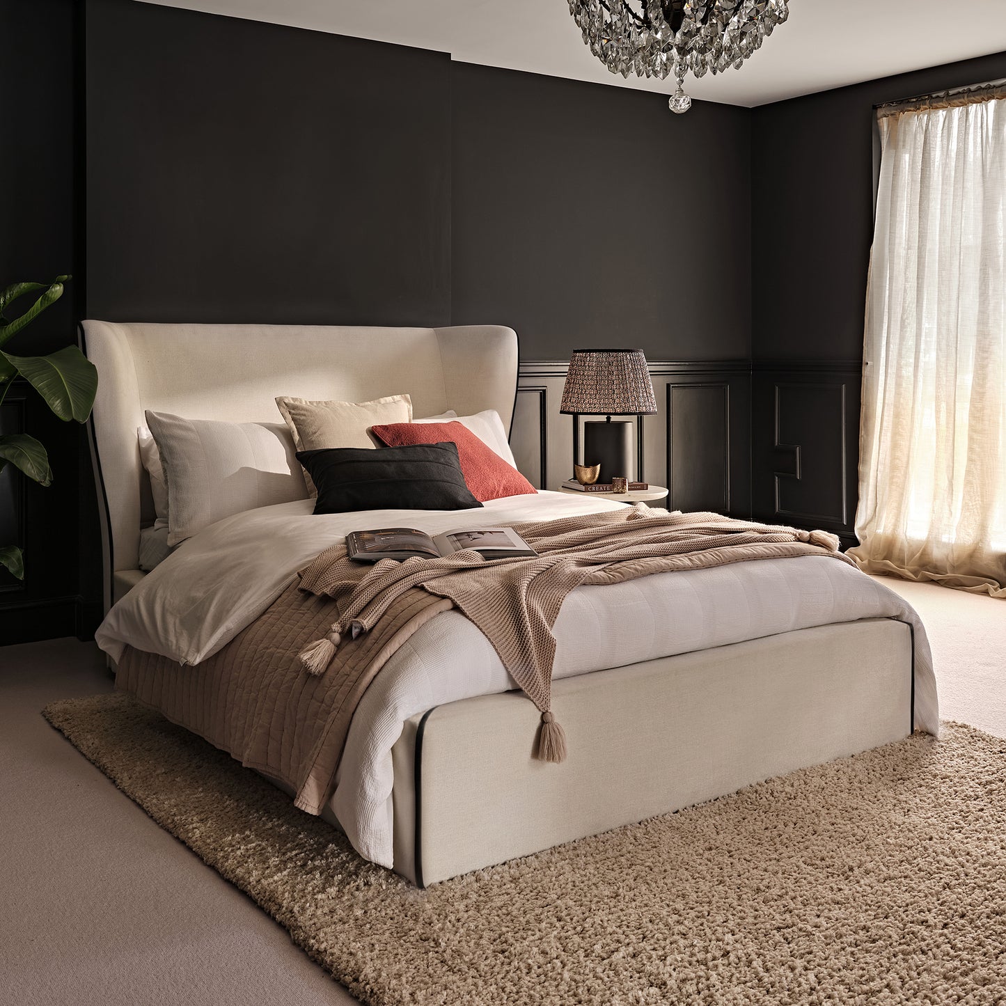 Torin Double Ottoman Bed - Ivory with Jet Black Piping - Laura James 