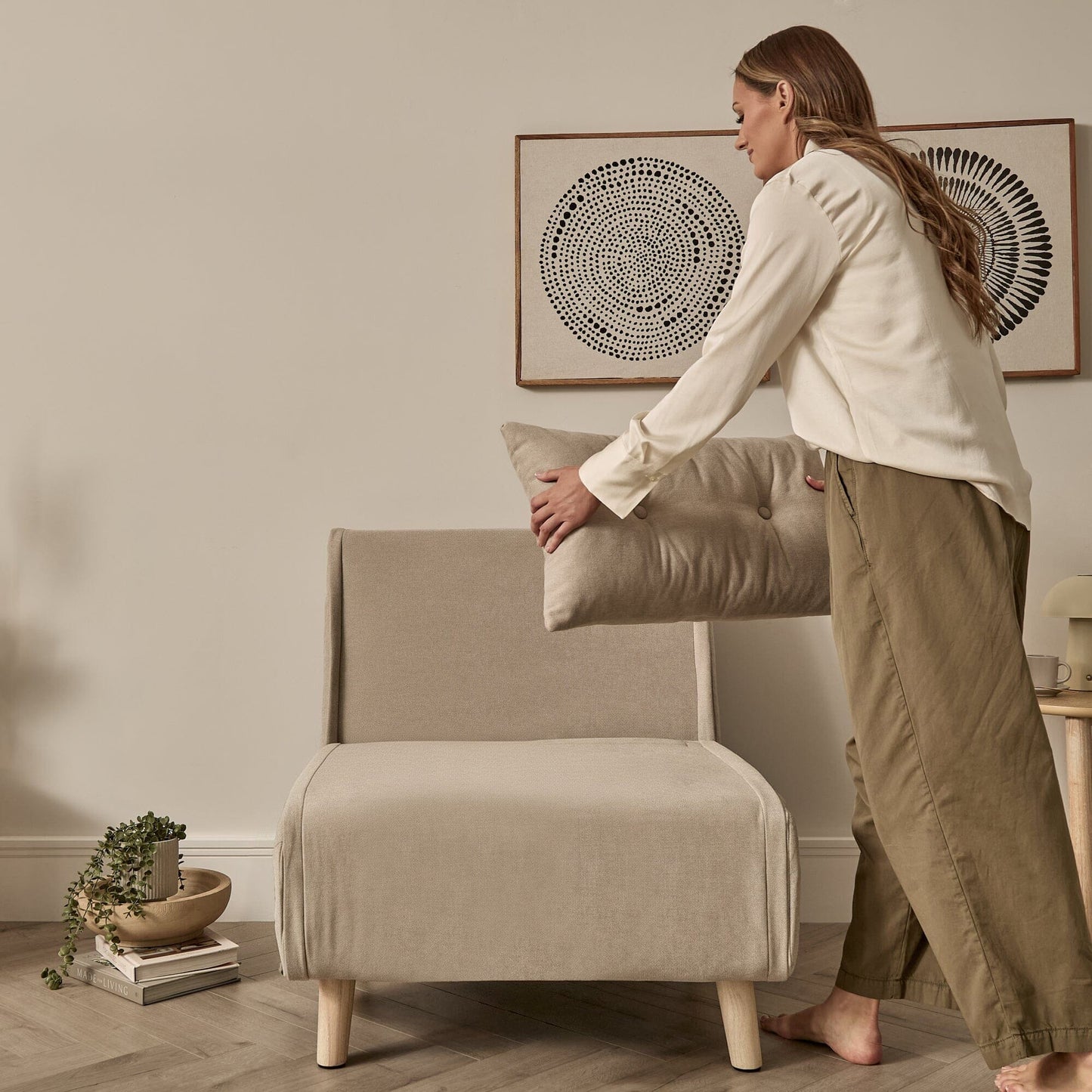 Una Single Sofa Bed -  Soft Beige with Pale Oak Legs - Laura James 