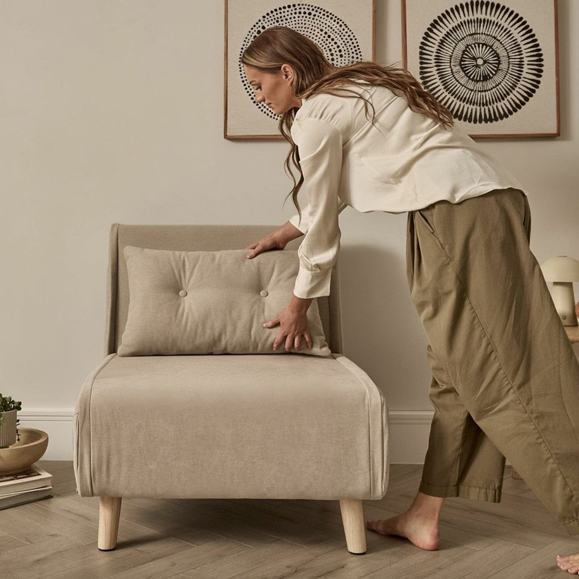 Una Single Sofa Bed -  Soft Beige with Pale Oak Legs - Laura James 