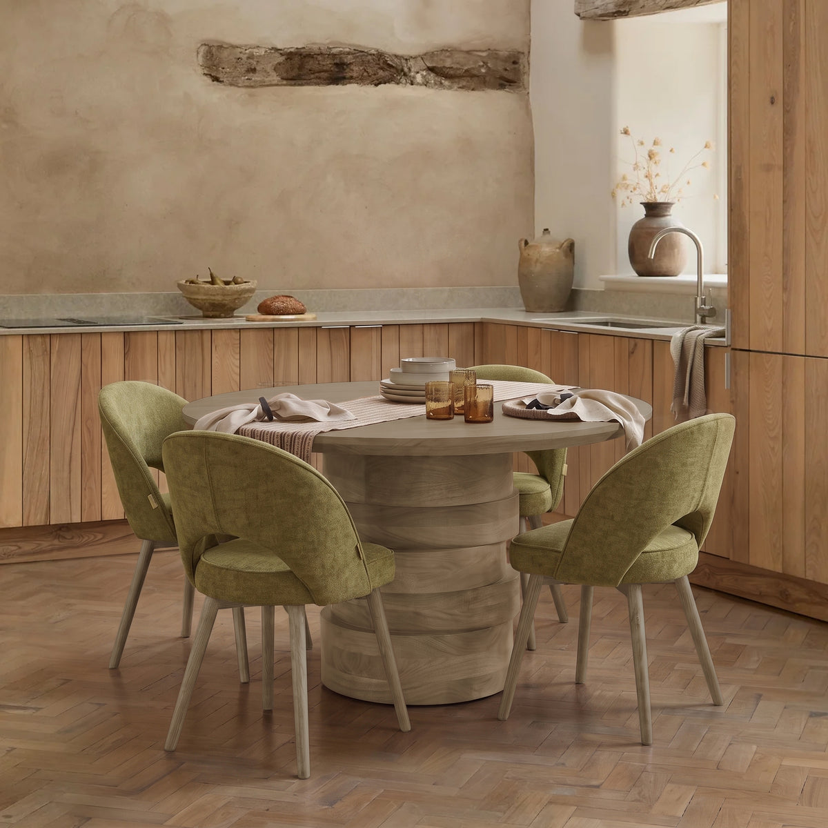 Adam 135cm Almond Brown Round Dining Table Set - 4 Seater - Marilyn Moss Green Dining Chairs - Almond Brown Legs - Laura James 