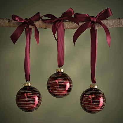 Varde 8cm Glass Round Baubles - Set of 3 - Burgundy Red Swirls