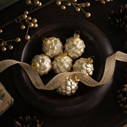 Varde 7cm Glass Pinecone Baubles - Set of 6 - Pearl Gold