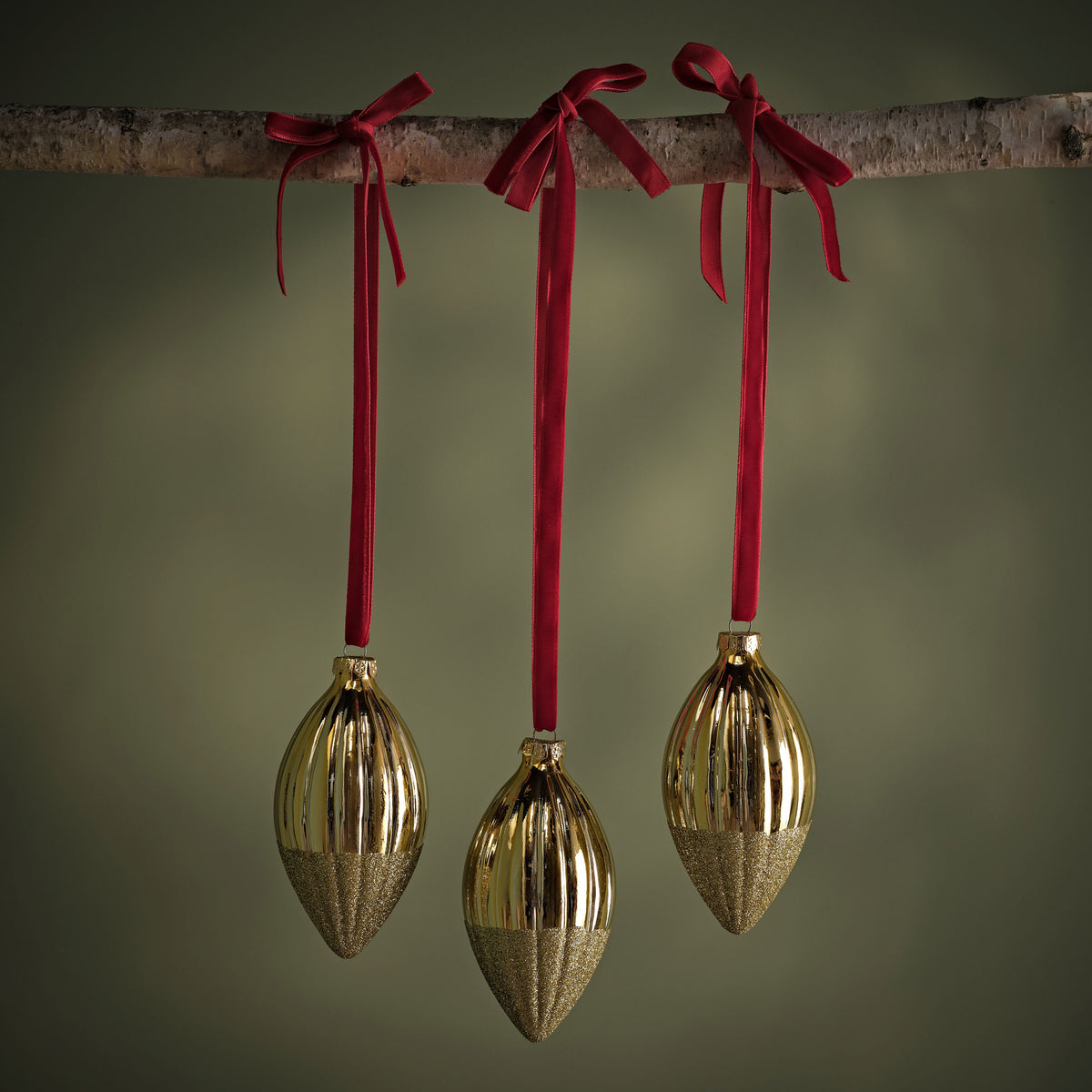 Varde 12cm Glass Tapered Baubles - Set of 3 - Gold - Laura James 