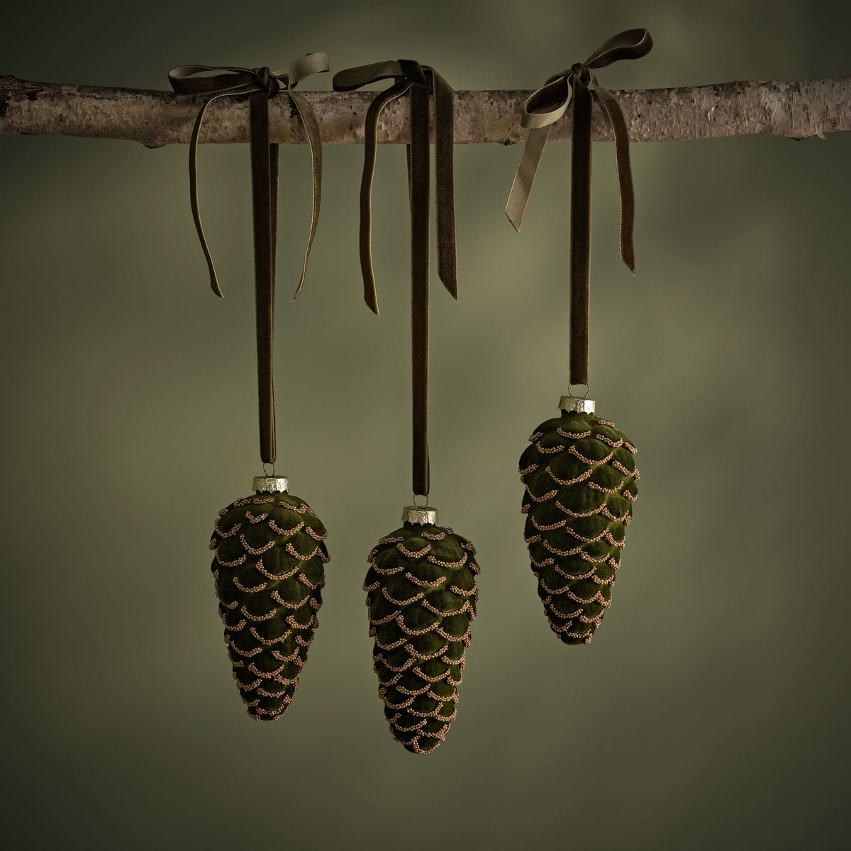 Varde 12.5cm Glass Pinecone Bauble - Olive Green Flocked - Laura James 