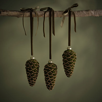 Varde 12.5cm Glass Pinecone Bauble - Olive Green Flocked - Laura James 