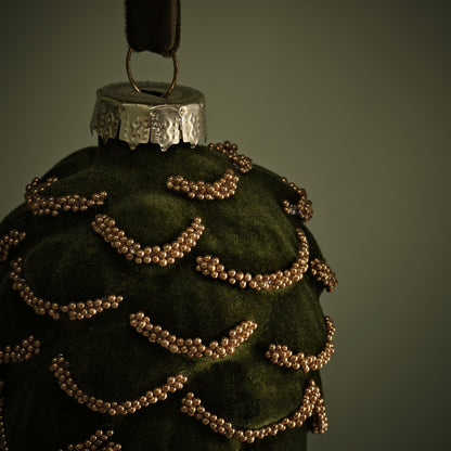Varde 12.5cm Glass Pinecone Bauble - Olive Green Flocked - Laura James 