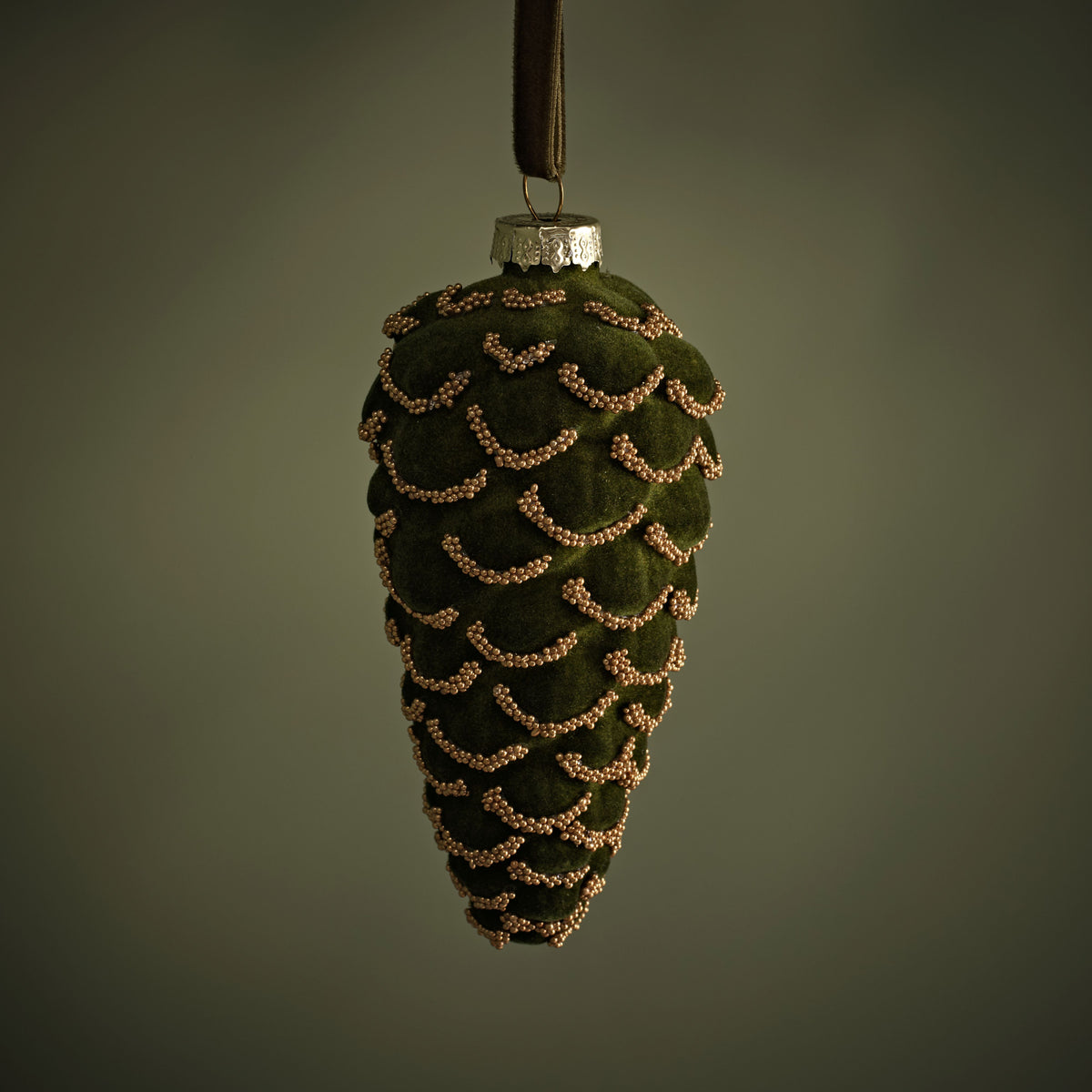 Varde 12.5cm Glass Pinecone Bauble - Olive Green Flocked - Laura James 
