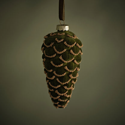 Varde 12.5cm Glass Pinecone Bauble - Olive Green Flocked - Laura James 