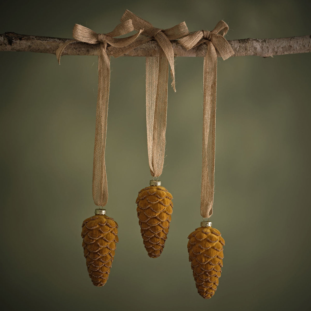 Varde 12.5cm Glass Pinecone Bauble - Amber Yellow Flocked