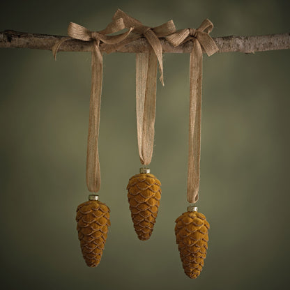Varde 12.5cm Glass Pinecone Bauble - Amber Yellow Flocked