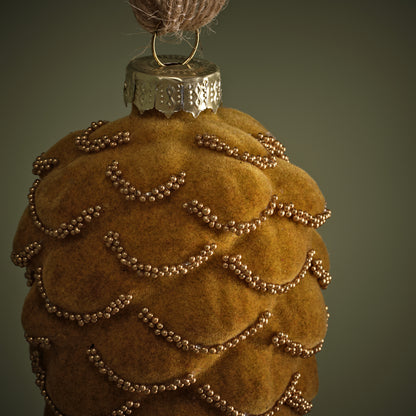 Varde 12.5cm Glass Pinecone Bauble - Amber Yellow Flocked