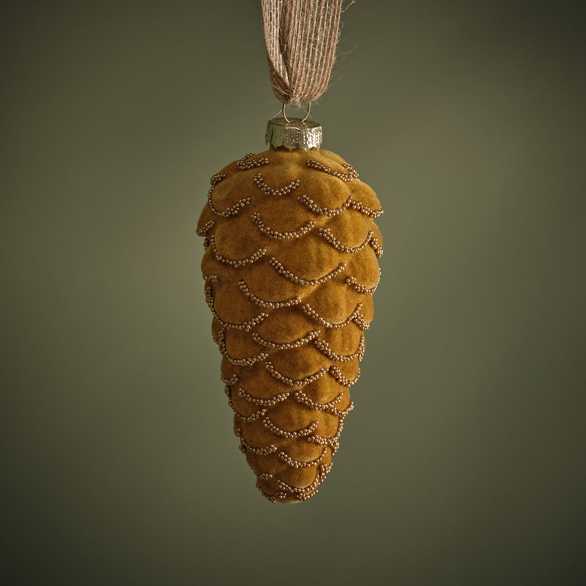 Varde 12.5cm Glass Pinecone Bauble - Amber Yellow Flocked