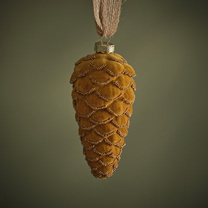 Varde 12.5cm Glass Pinecone Bauble - Amber Yellow Flocked