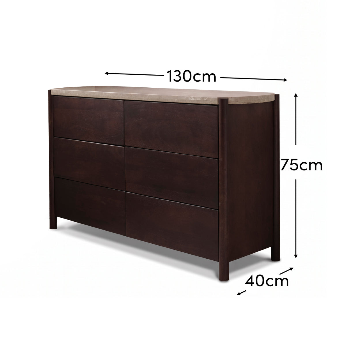 Viola 130cm 6 Drawer Chest of Drawers - Lady Grey Marble & Coffee Brown Mango Wood - Laura James 