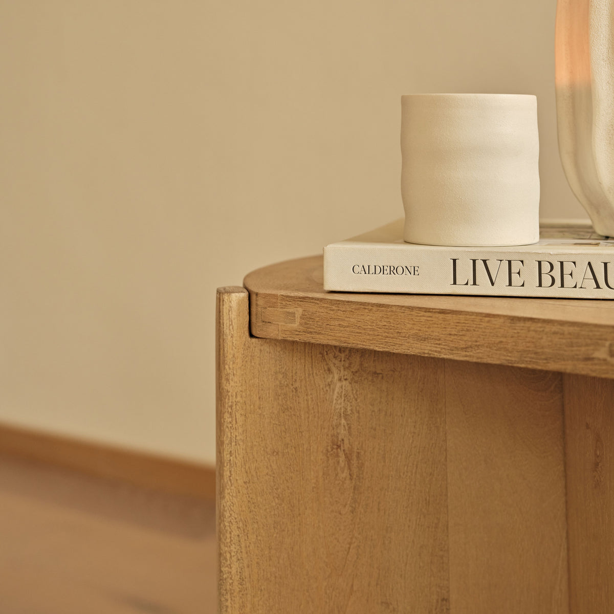 Viola Travertine Effect & Chalked Mango Wood Oval Side Table - Laura James 