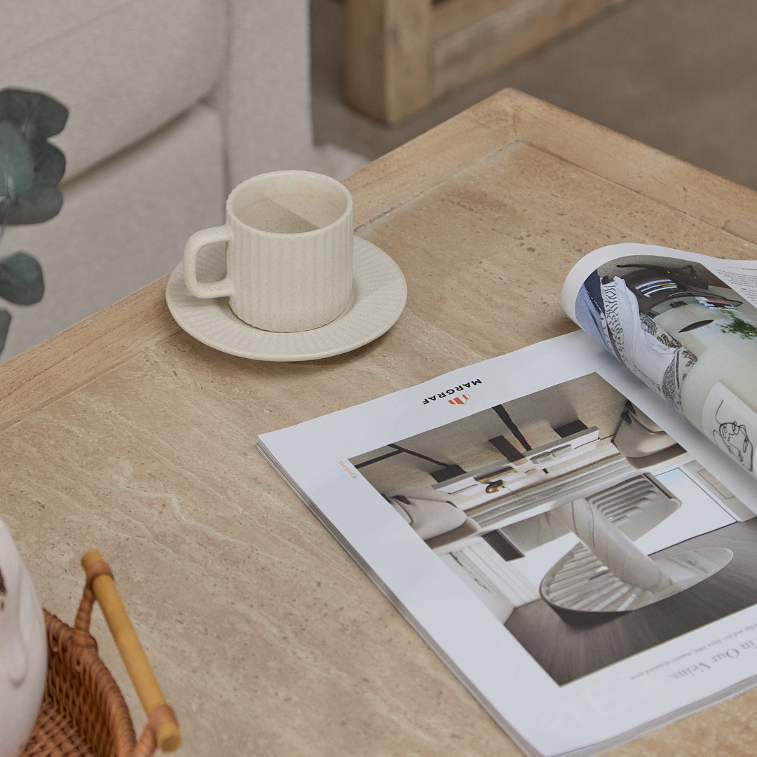 Valdis Mangowood & Travertine Rectangular Coffee Table - Laura James