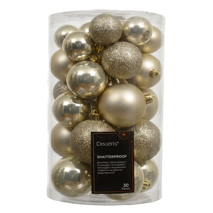 Valen Shatterproof Mixed Baubles - Set of 30 - Pearl Gold