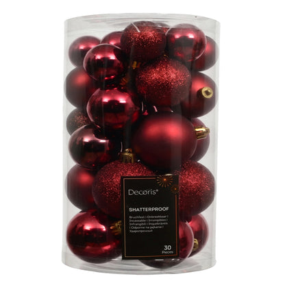 Valen Shatterproof Mixed Baubles - Set of 30 - Christmas Red