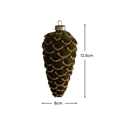 Varde 12.5cm Glass Pinecone Bauble - Olive Green Flocked