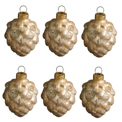 Varde 7cm Glass Pinecone Baubles - Set of 6 - Pearl Gold
