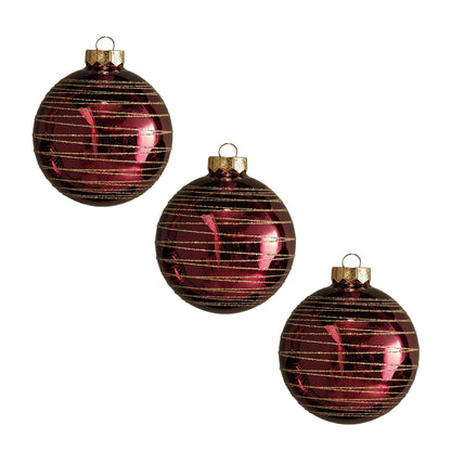 Varde 8cm Glass Round Baubles - Set of 3 - Burgundy Red Swirls