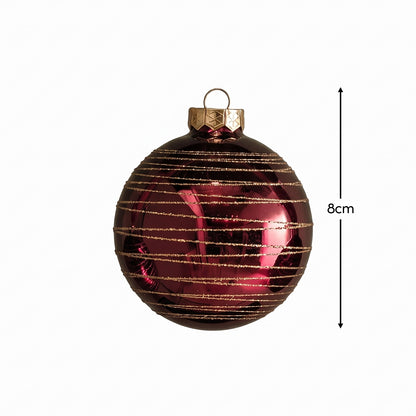 Varde 8cm Glass Round Baubles - Set of 3 - Burgundy Red Swirls