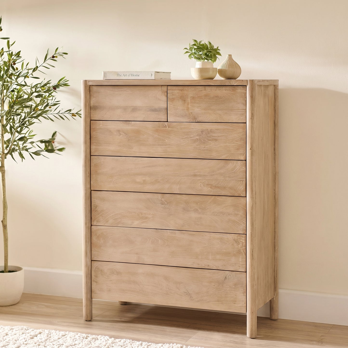 Viola 7 Drawer Tall Boy - Travertine Effect & Chalked Mango Wood - Laura James 
