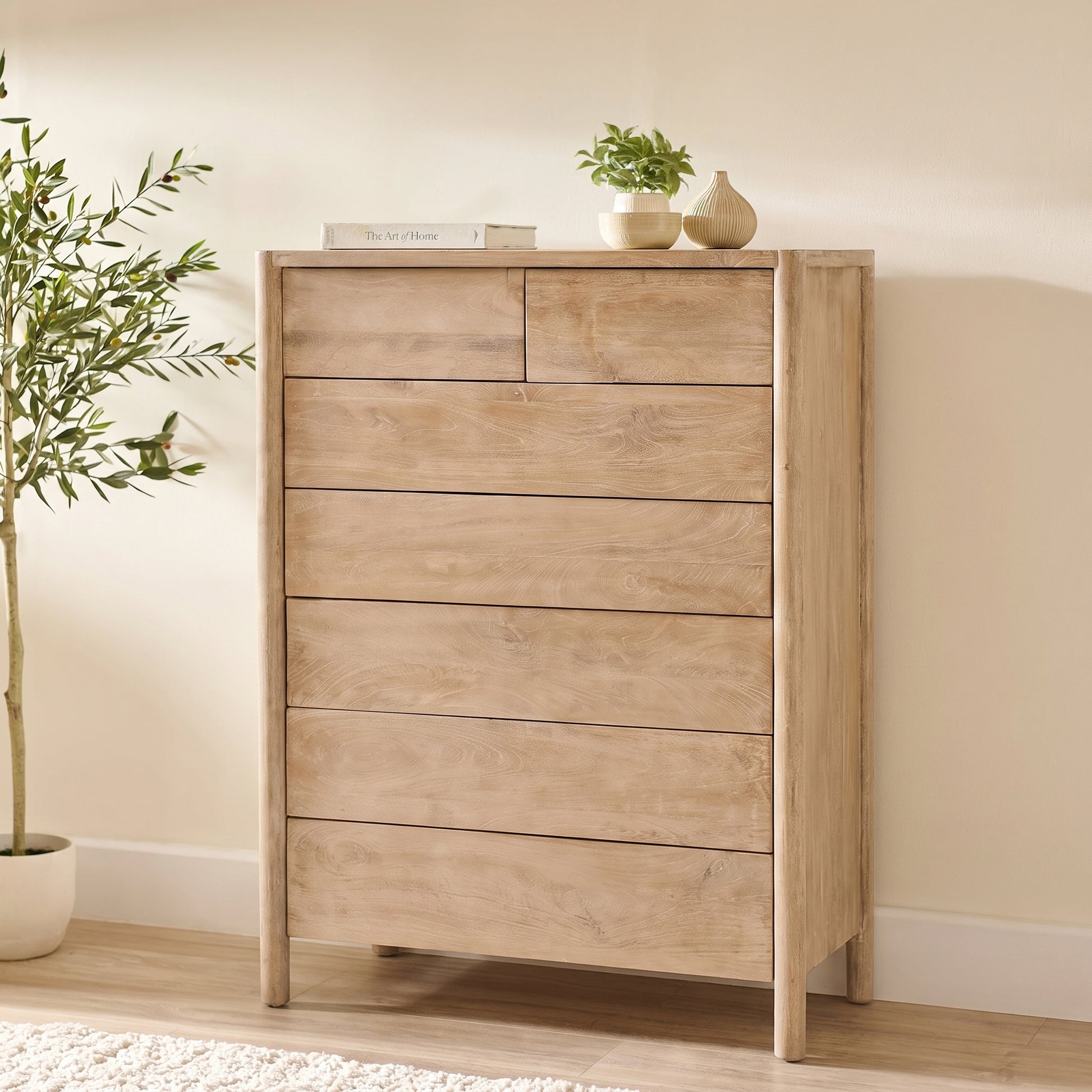 Viola 7 Drawer Tall Boy - Travertine Effect & Chalked Mango Wood - Laura James 