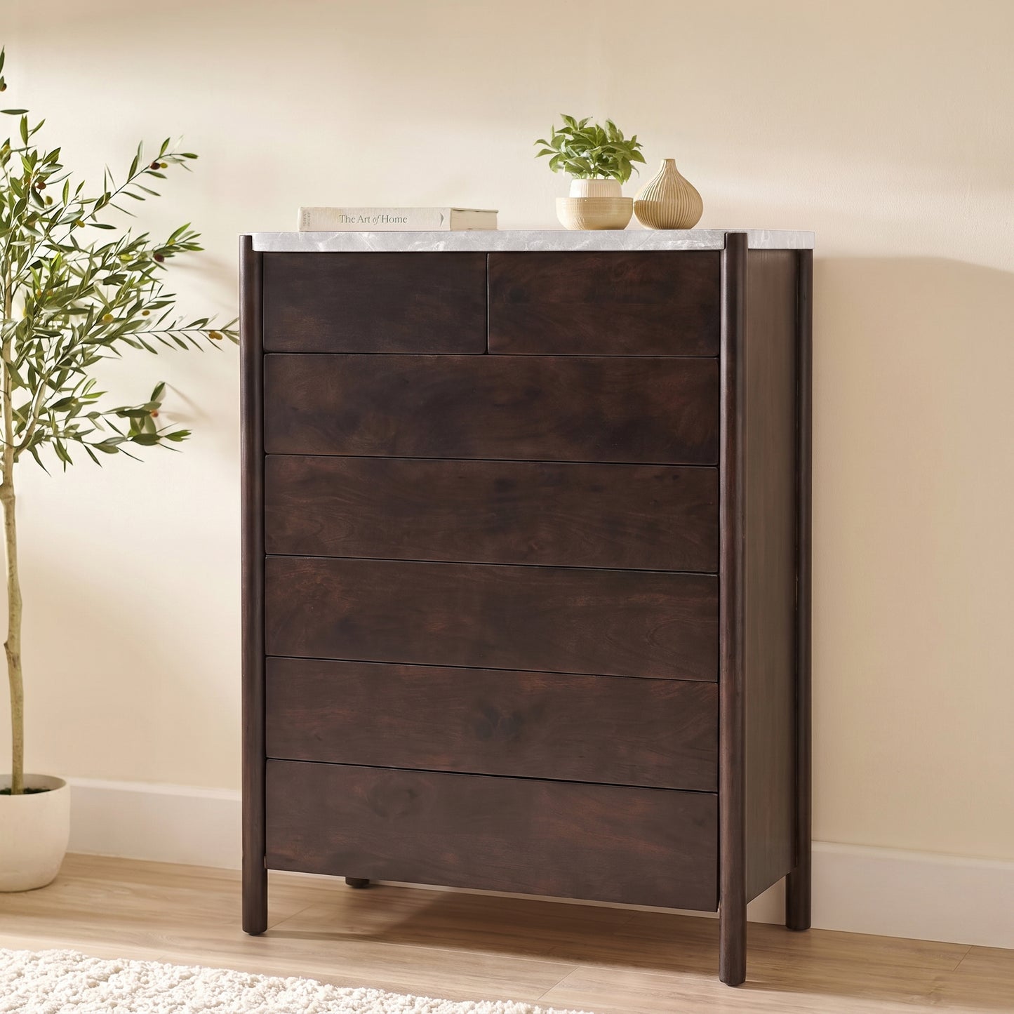 Viola 7 Drawer Tall Boy - Lady Grey Marble & Coffee Brown Mango Wood - Laura James 