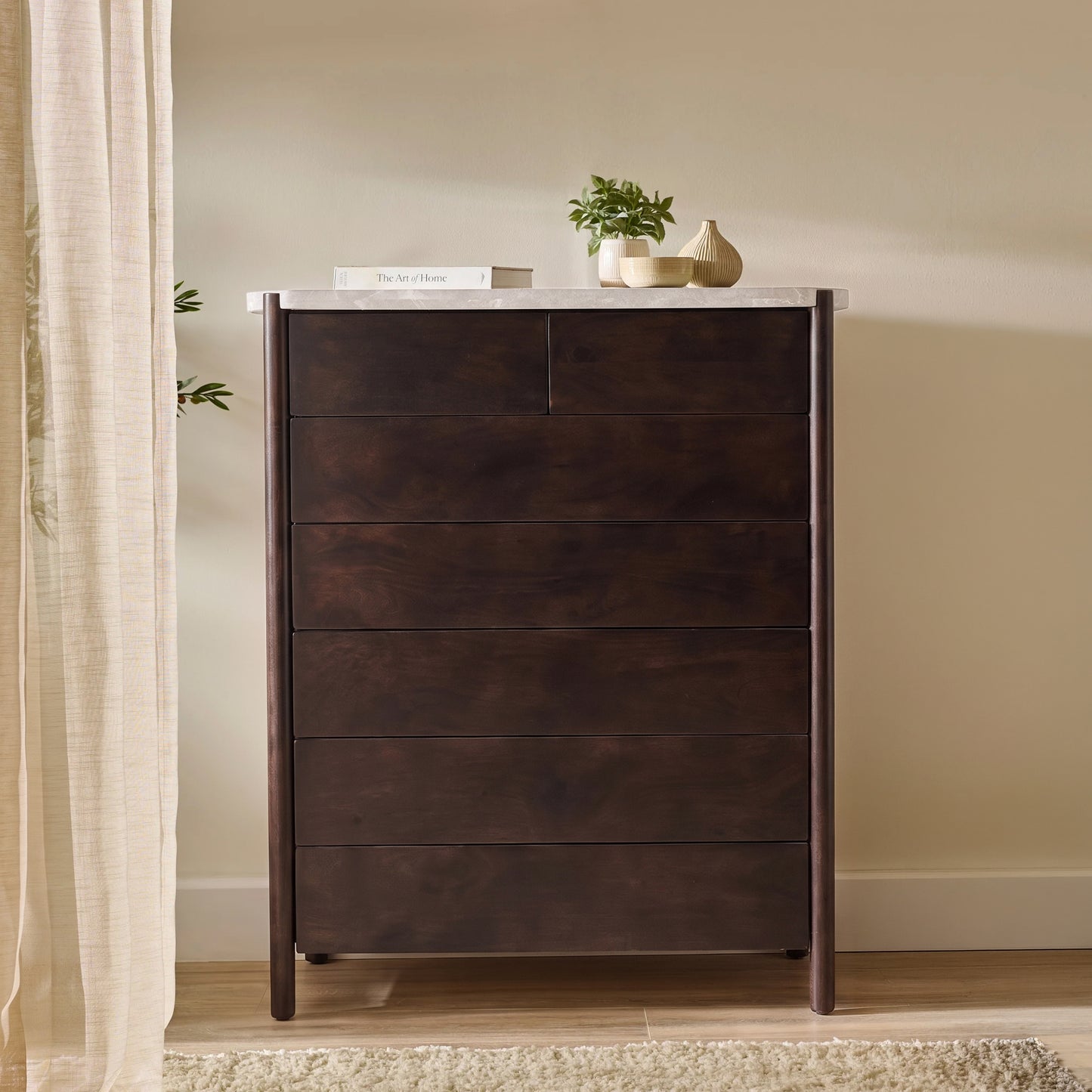 Viola 7 Drawer Tall Boy - Lady Grey Marble & Coffee Brown Mango Wood - Laura James 