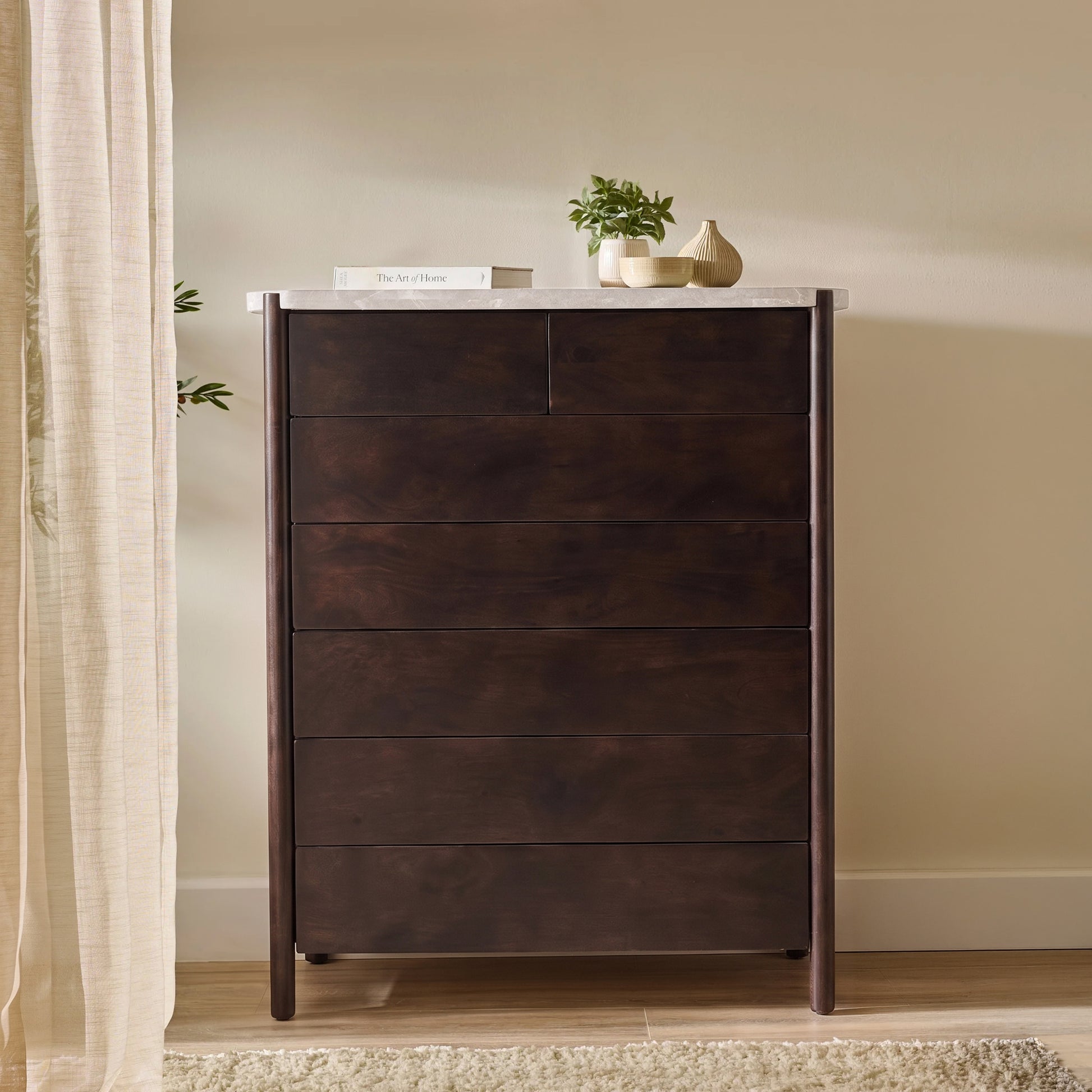 Viola 7 Drawer Tall Boy - Lady Grey Marble & Coffee Brown Mango Wood - Laura James 