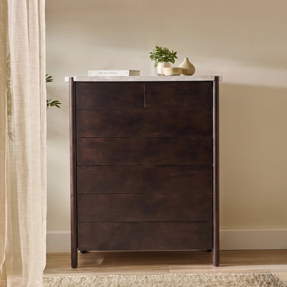 Viola 7 Drawer Tall Boy - Lady Grey Marble & Coffee Brown Mango Wood - Laura James 