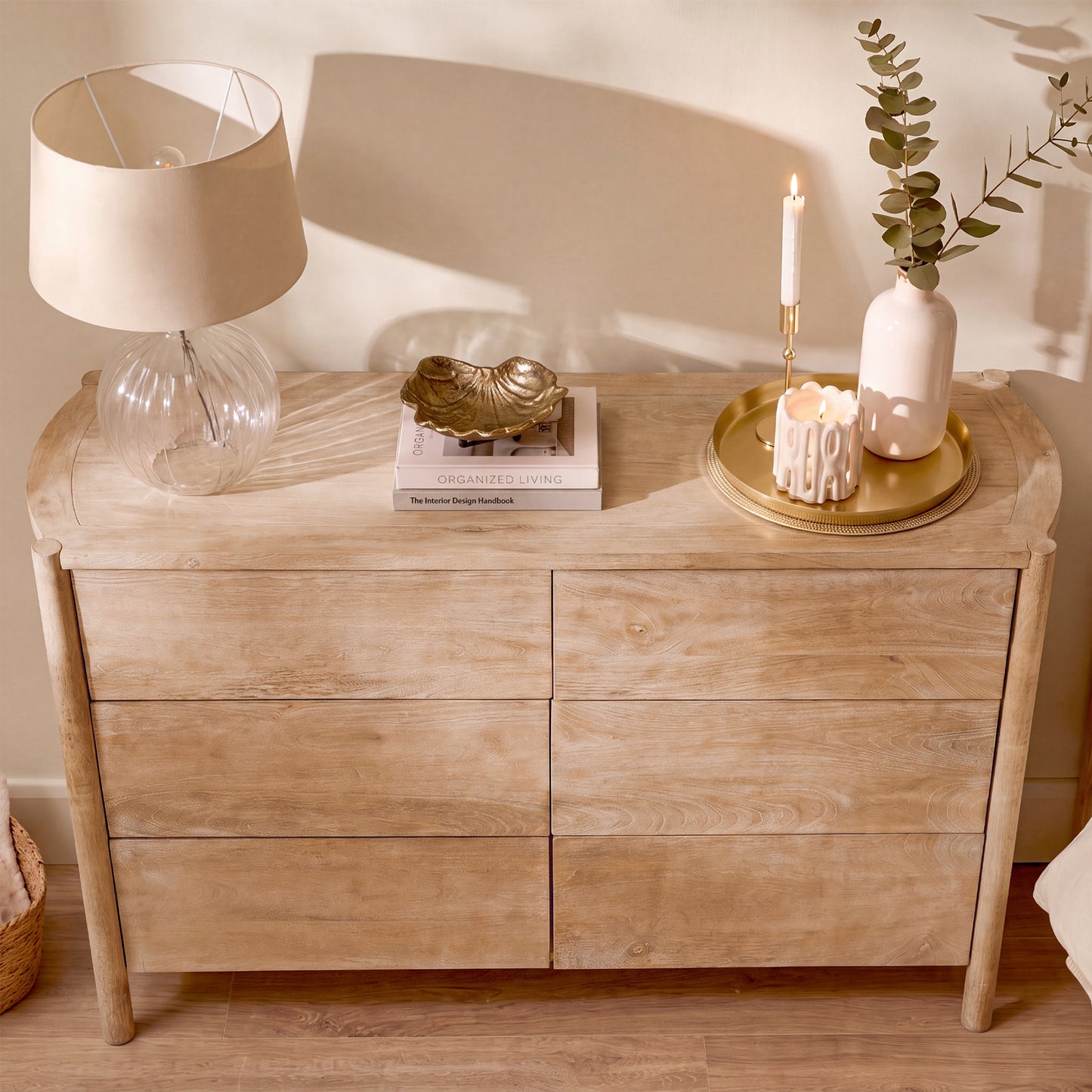 Viola 130cm 6 Drawer Chest of Drawers - Travertine Effect & Chalked Mango Wood - Laura James 