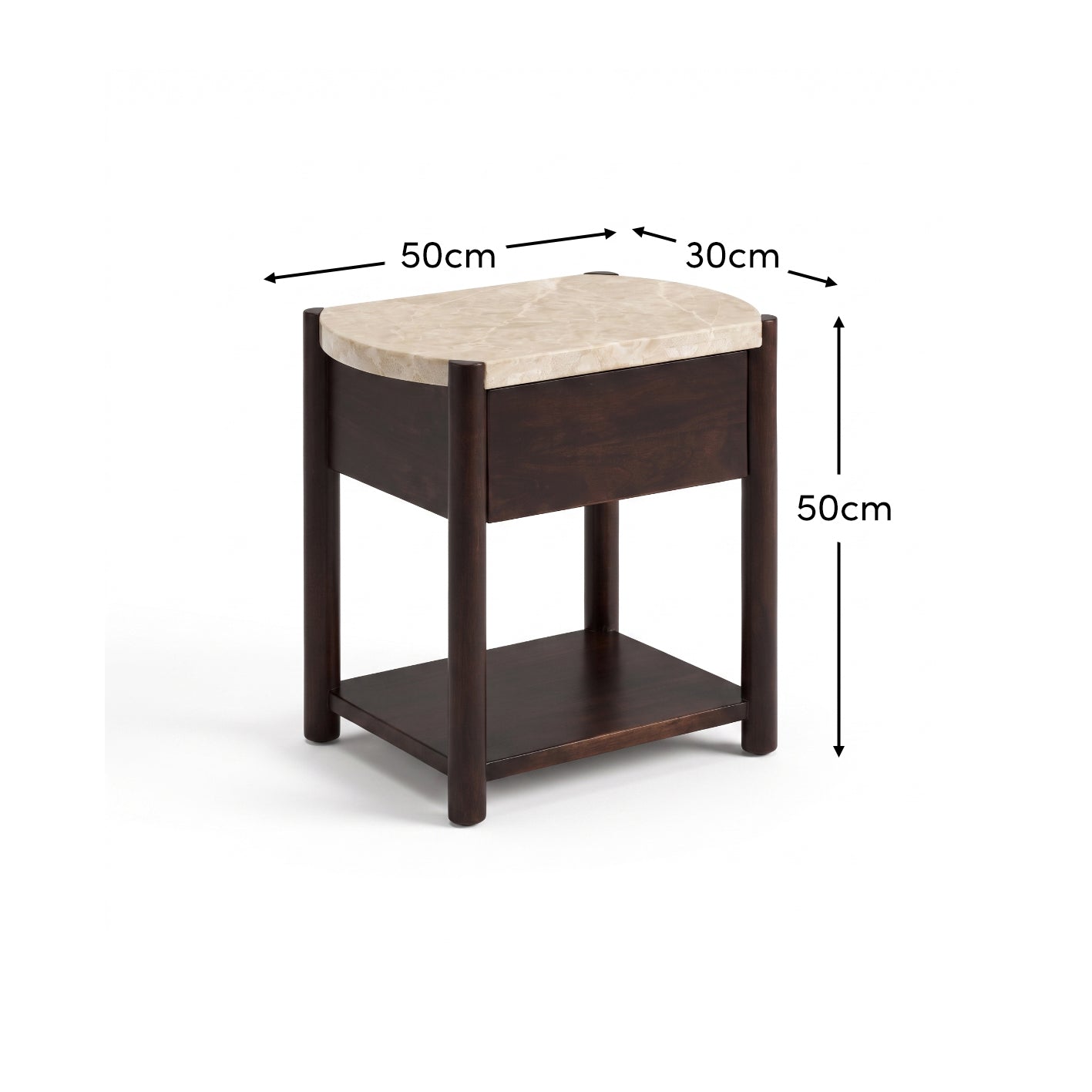 Viola 1 Drawer Bedside Table - Lady Grey Marble & Coffee Brown Mango Wood - Laura James 