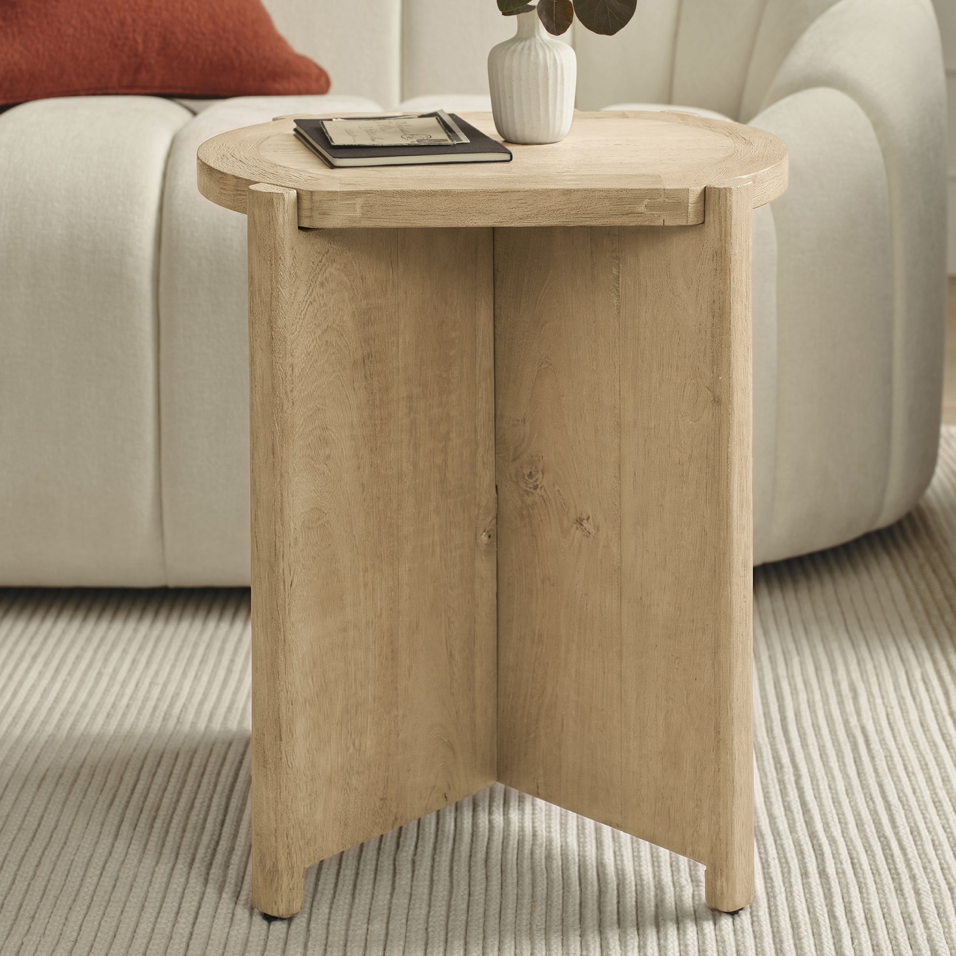 Viola Travertine Effect & Chalked Mango Wood Oval Side Table - Laura James 