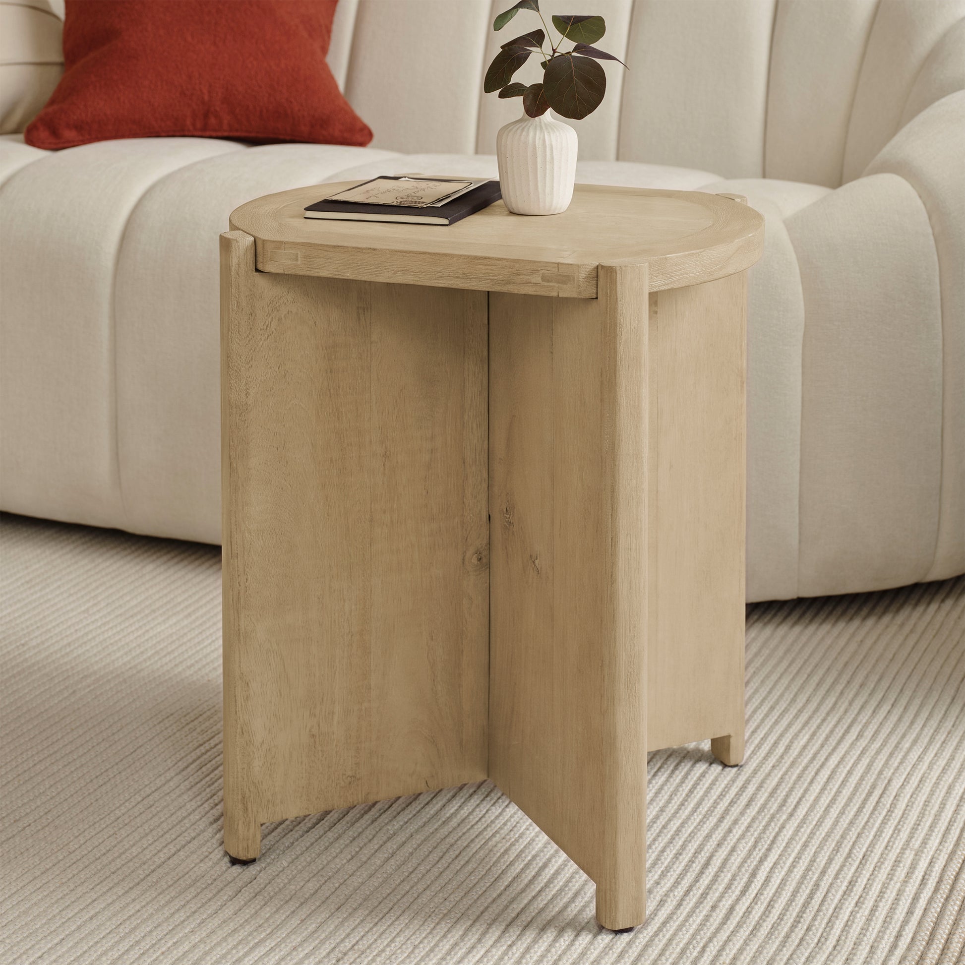 Viola Travertine Effect & Chalked Mango Wood Oval Side Table - Laura James 