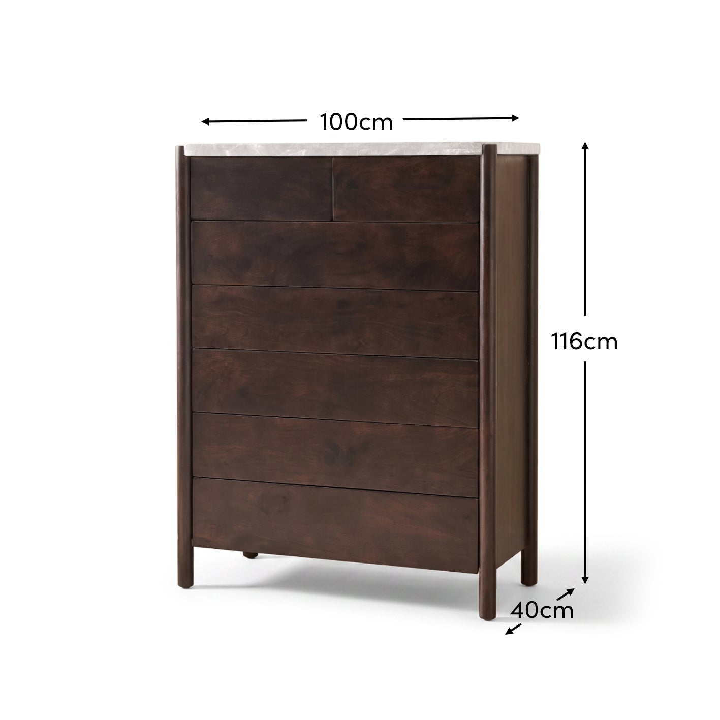 Viola 7 Drawer Tall Boy - Lady Grey Marble & Coffee Brown Mango Wood - Laura James 