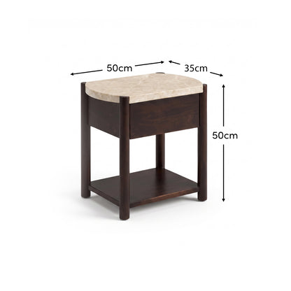 Viola 1 Drawer Bedside Table - Lady Grey Marble & Coffee Brown Mango Wood - Laura James 