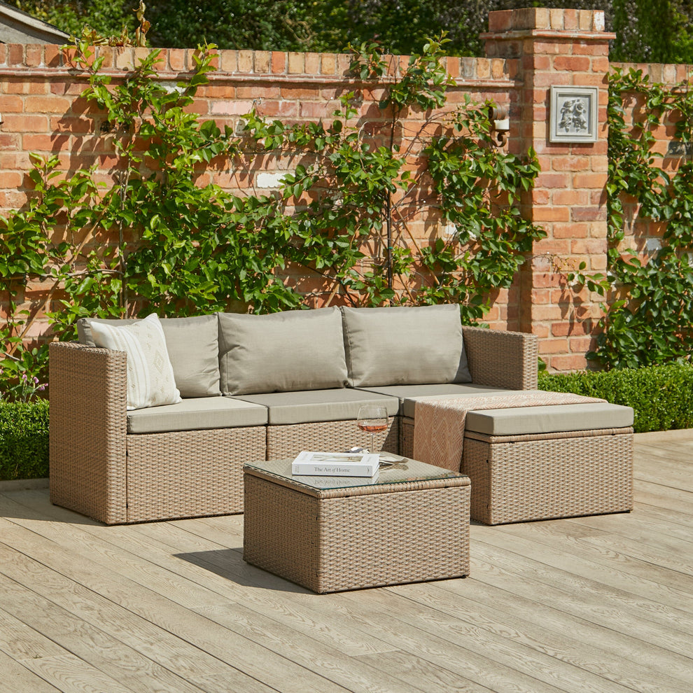 Weston Natural Rattan Corner Sofa Set & Cream LED Parasol - Laura James