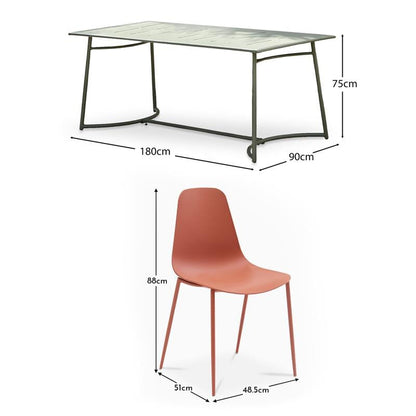 Wilder Rectangular Dining Table - Olive Green & 6 x Wren Garden Dining Chair - Burnt Orange - Laura James 